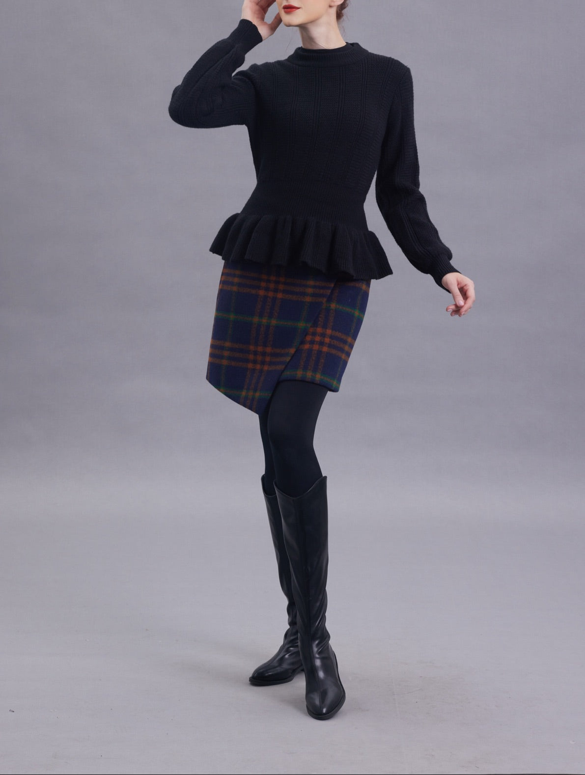 Stella Navy Mixed Plaid Wool Skirt