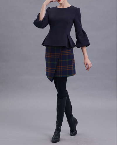 Stella Navy Mixed Plaid Wool Skirt