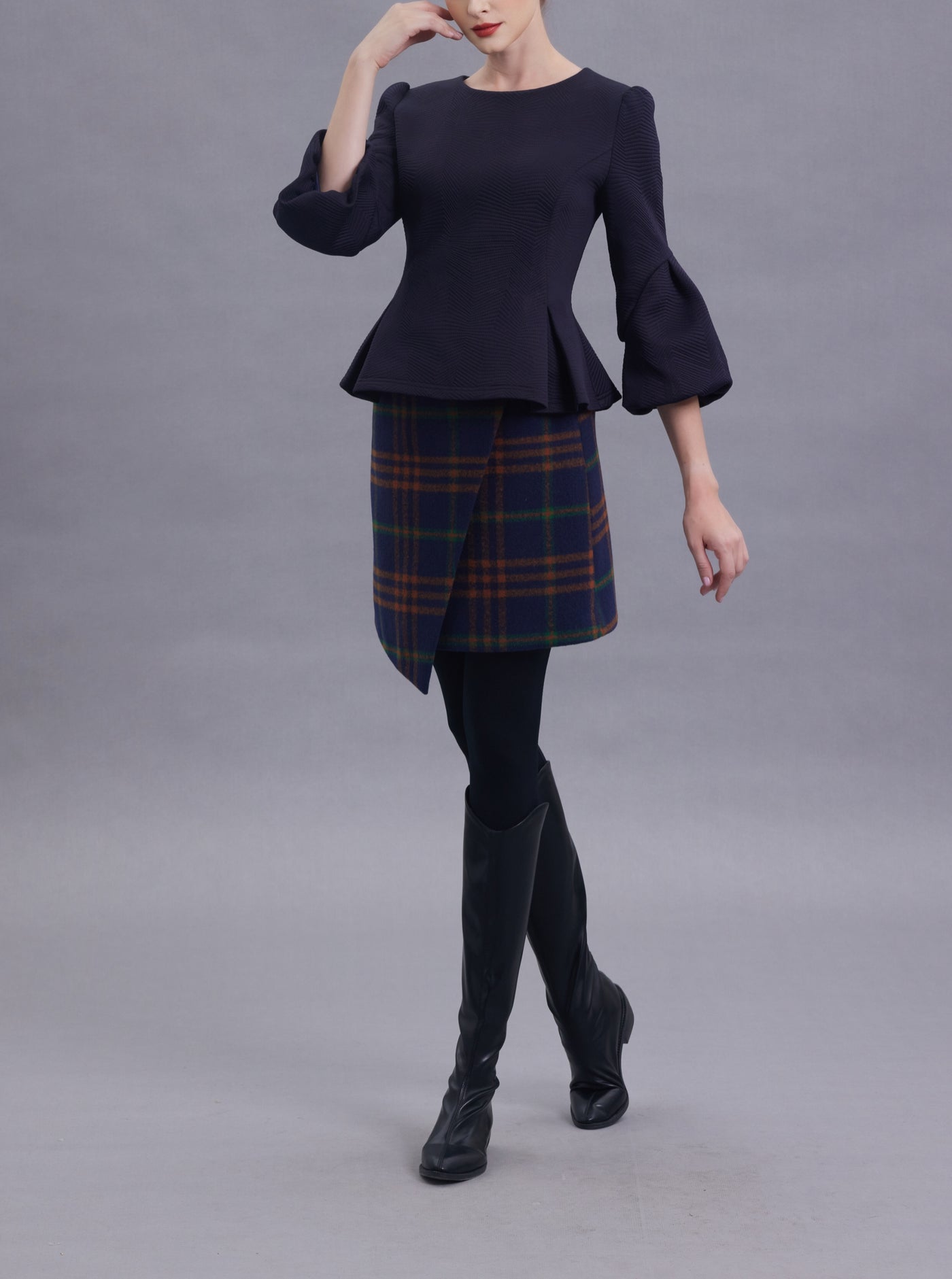 Stella Navy Mixed Plaid Wool Skirt