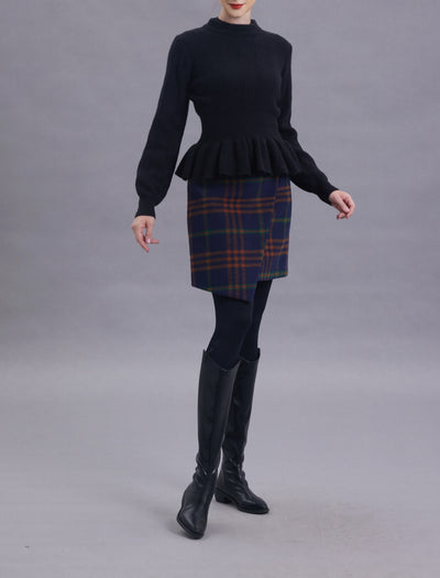 Stella Navy Mixed Plaid Wool Skirt