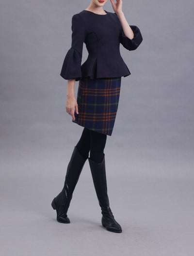 Stella Navy Mixed Plaid Wool Skirt