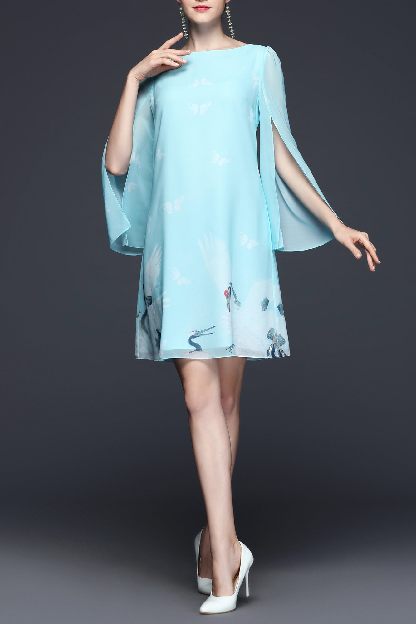 Tiffany  Red-crowned Crane Split Long Sleeves Summer Dress