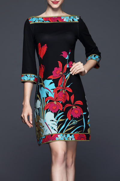 Kathy Black Floral Jersey Dress - Summer and All Season, Best Selling