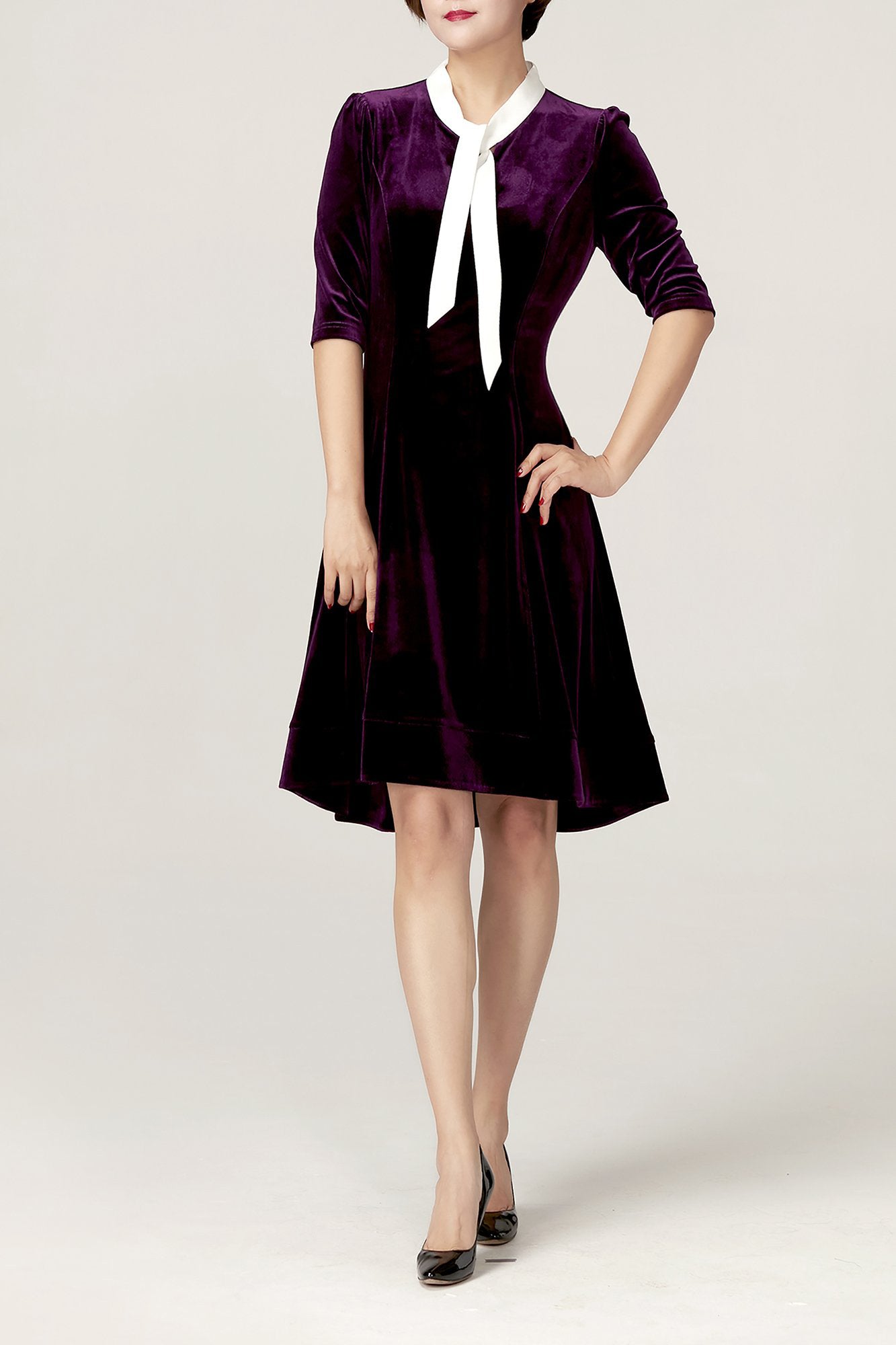 DL Forever Young Jessica Stretchy Velvet Dress - with White Neck Tie