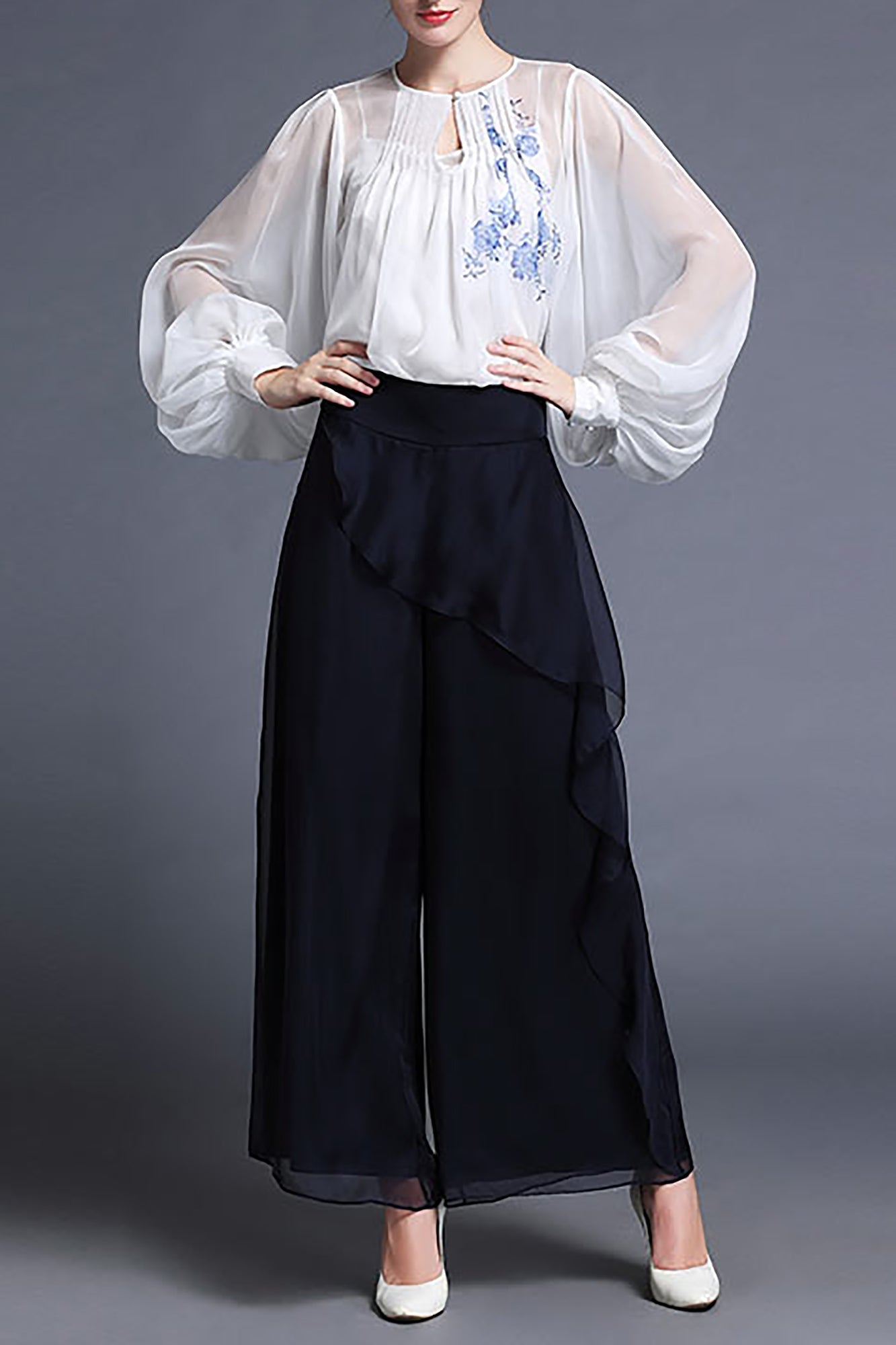DL Fusion Ellen Porcelain Chiffon White Blouse/Shirt & Pants - Summer, Porcelain Shirt, Best Selling