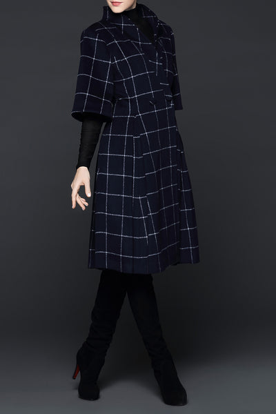 Ellen Han Collar Black & White Grid Winter Wool Coat