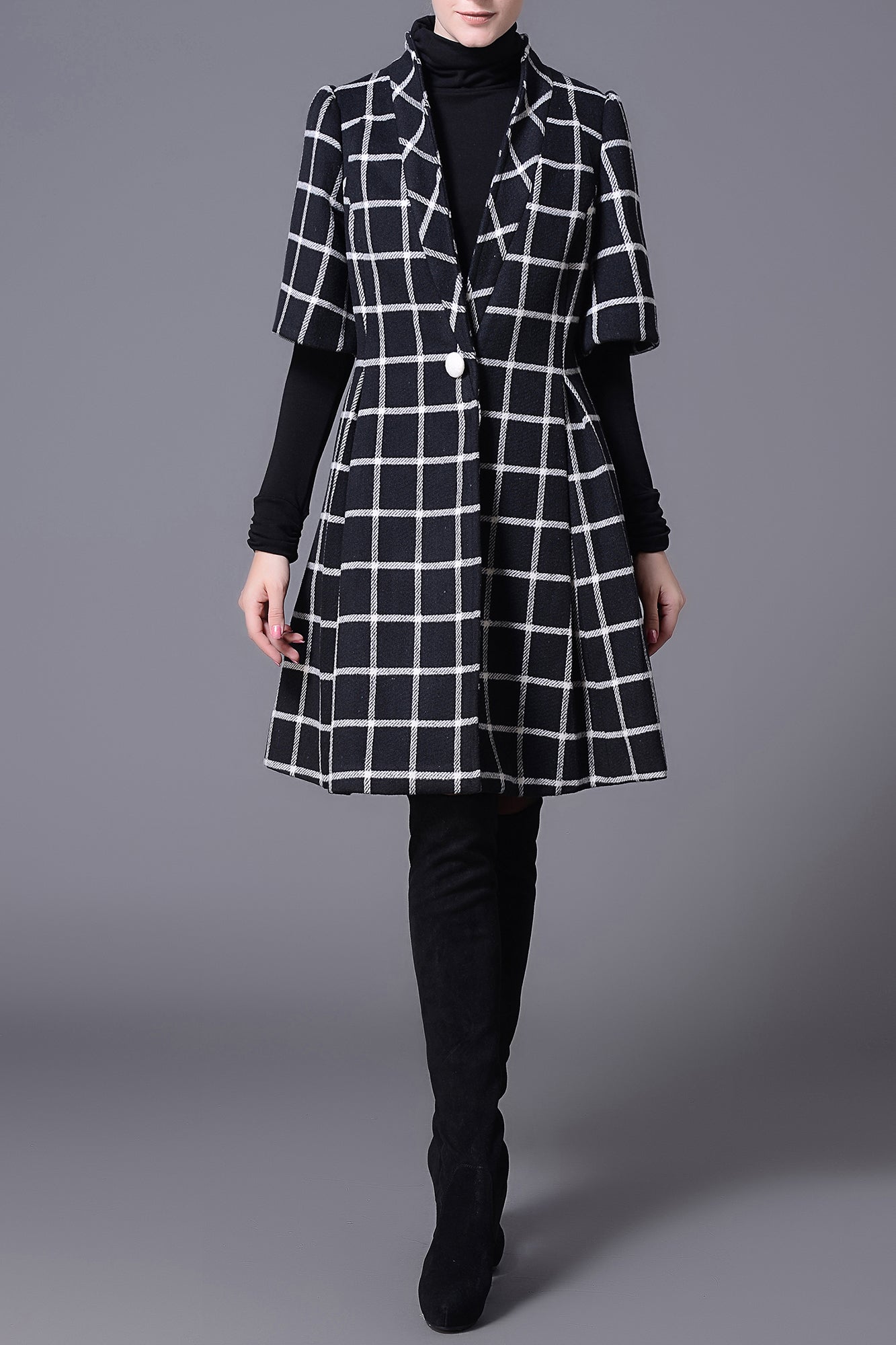 Ellen Han Collar Black & White Grid Winter Wool Coat