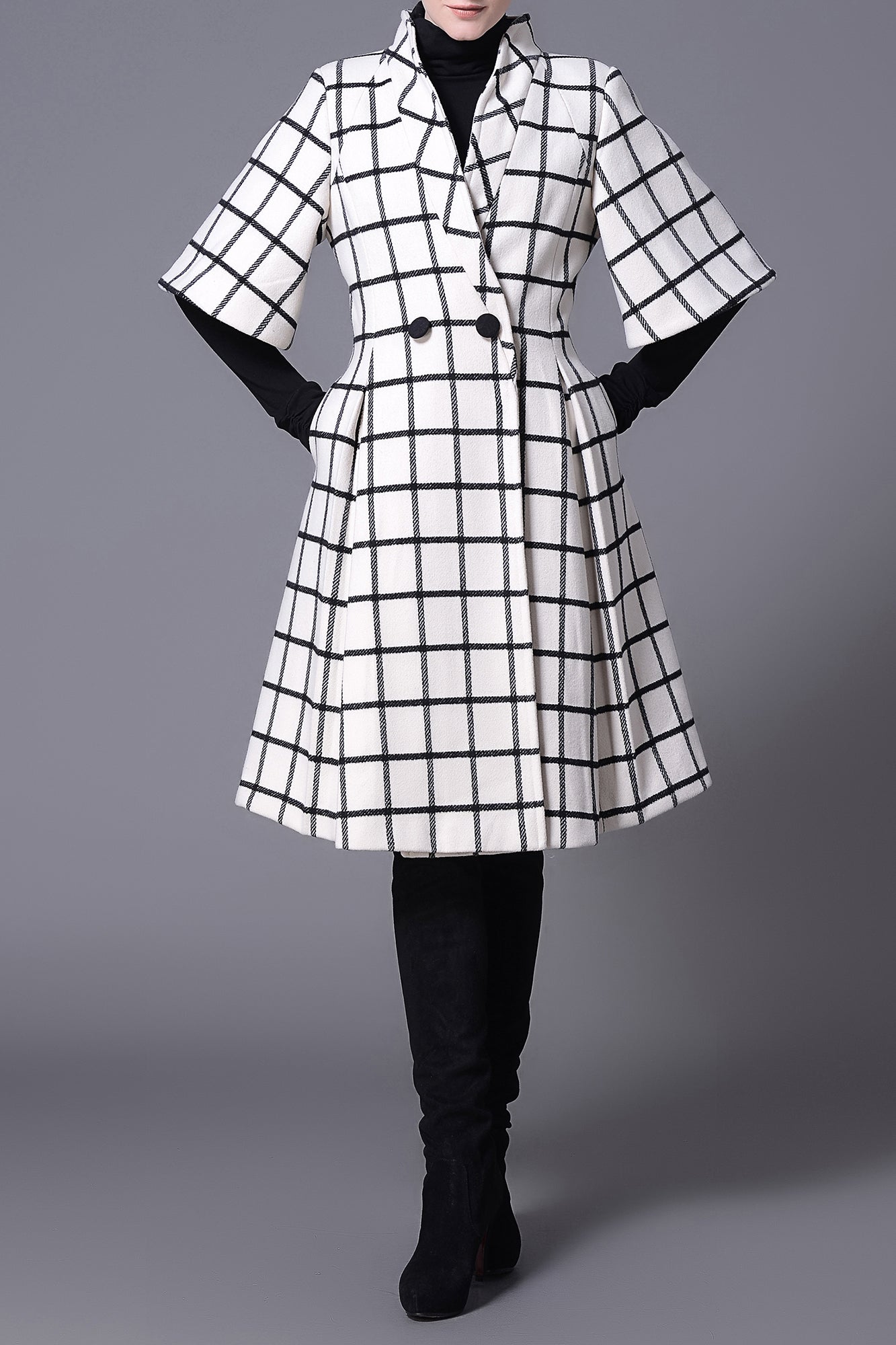 DL Han Royal Black & White Grid Ellen Winter Wool Coat