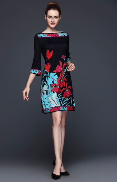Kathy Black Floral Jersey Dress - Summer and All Season, Best Selling